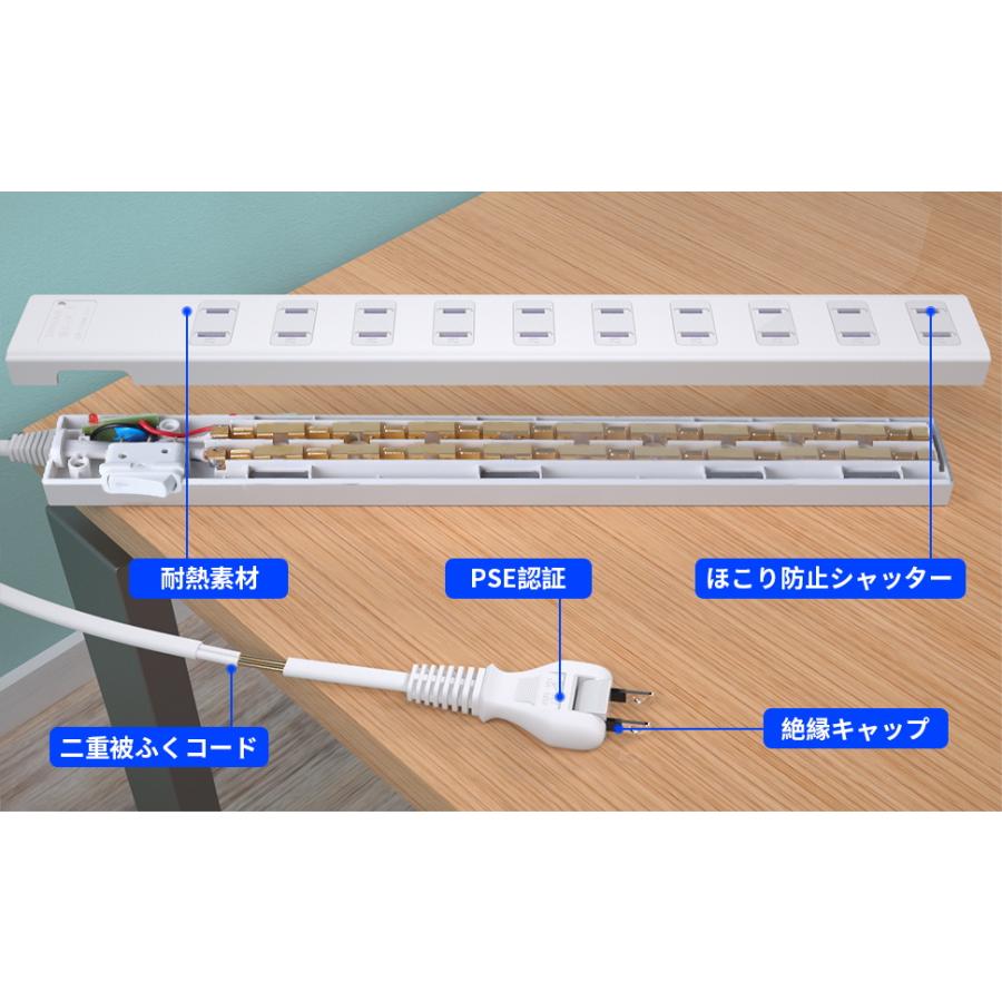 電源タップ 延長コード 1m 磁石 AC 10個口 コンセント スイッチ 節電 省エネ マグネット 雷 ガード 海外 240V テーブルタップ おしゃれ 白 黒｜saybour｜10