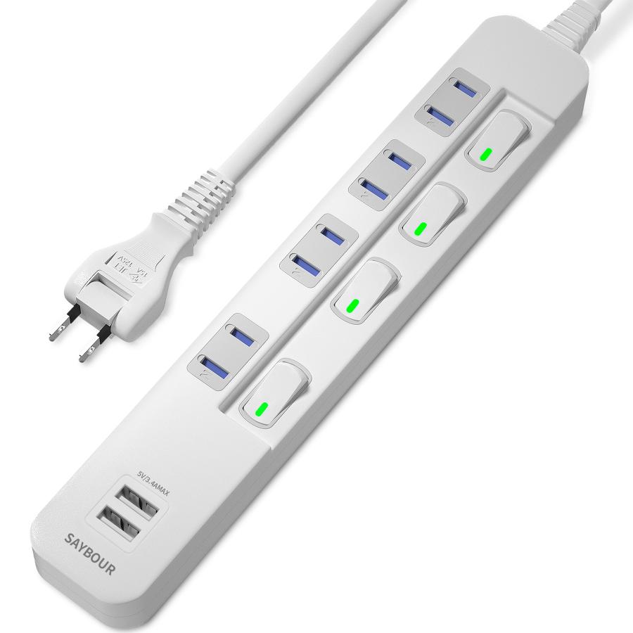 SMT7591 電源タップ 4口 USB付き SAYBOUR 電源タップ USB付き 4個口 + 2 USB 延長コード 3m コンセント