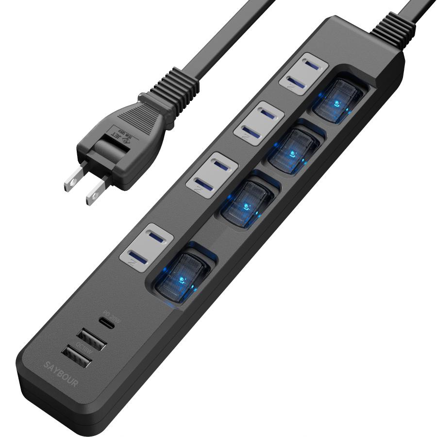 電源タップ Type-C 充電器 USB 延長コード 1.5m コンセント アダプタ 急速充電 PD QC スイッチ 海外対応 240V 節電 省エネ 雷ガード 雷サージ（Yahoo!・延長コード専門店セイバー）
