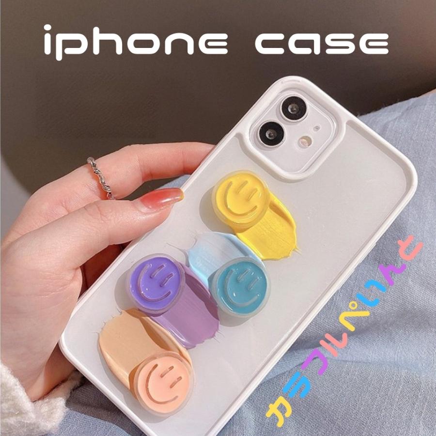 Iphoneケース にこちゃん カラフル ペイント スマイリー 韓国 立体 かわいい 携帯ケース 透明 クリア カバー キャラクターソフトケース 爆買い送料無料