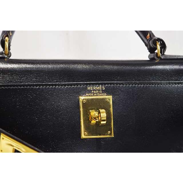Kelly エルメス ケリー28 内縫い 黒 ブラック ボックスカーフ G金具 〇