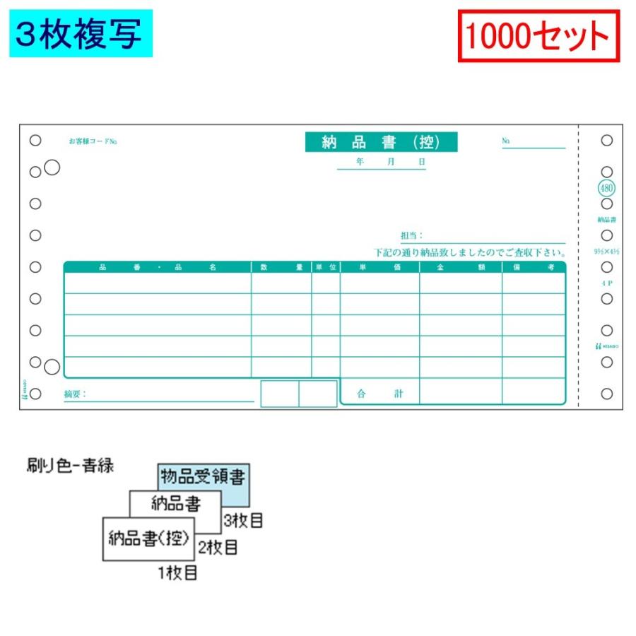 ヒサゴ　ドットプリンタ帳票　納品書　3枚複写　1000セット　SB480-3P