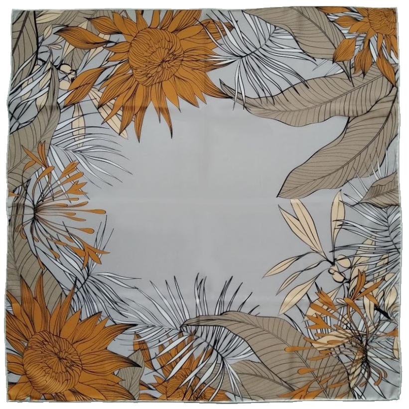 未使用 レデイース スカーフ シルク 絹100％ 手巻き 縫製 ハンドロール 正方形 ボタニカル 大判 きれい 大胆 花柄