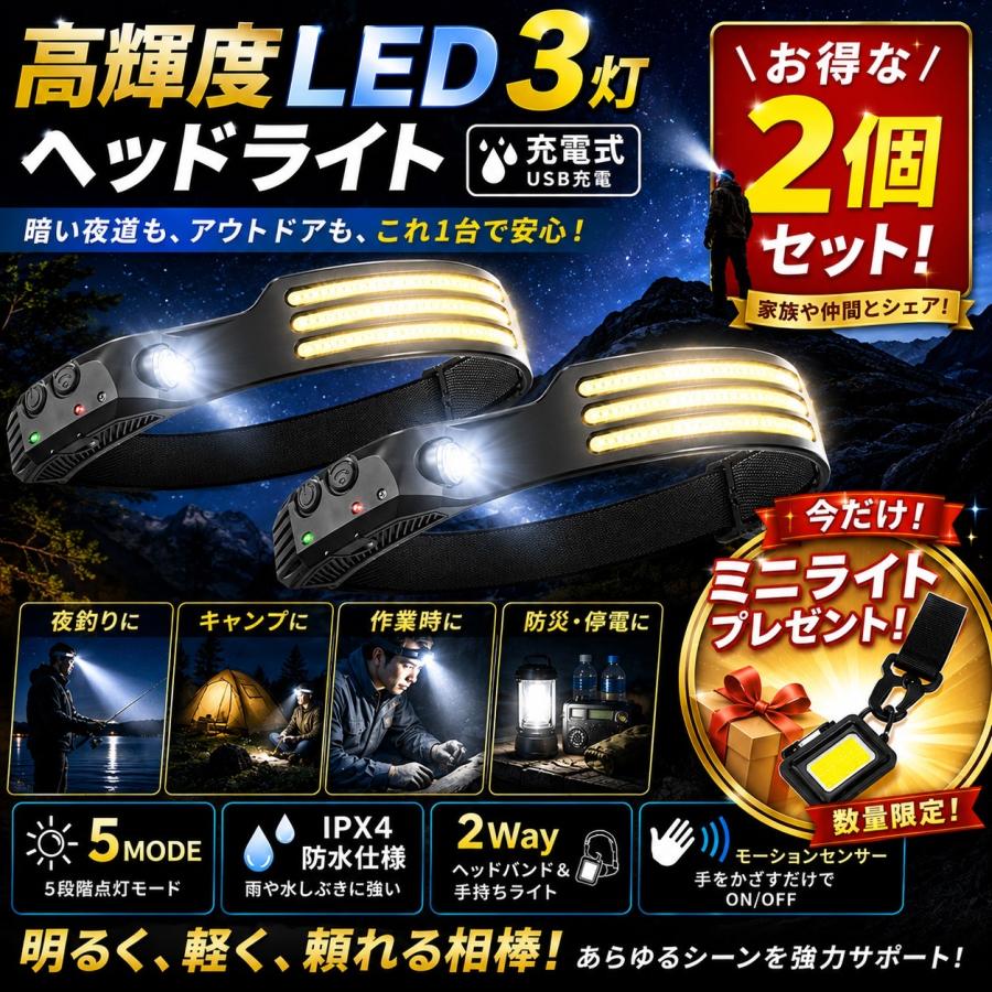 ヘッドライト 充電式 超強力 2個セット led ヘッドランプ センサー付 超軽量 広角照明 USB type-c 大容量バッテリー | 