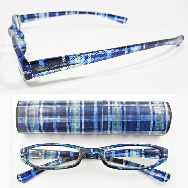 【SALE】おしゃれ老眼鏡 リーディンググラス シニアグラス マドラスチェック柄ブループラスチックケース 男性 女性|scefi|02