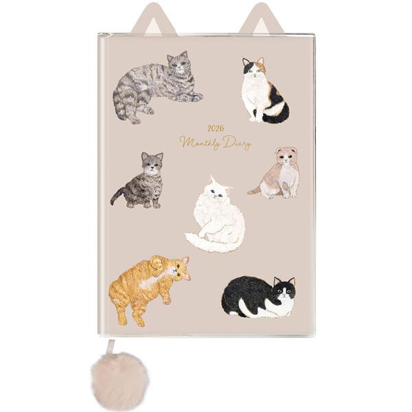 2026年 手帳 マンスリー ダイカットネコ A6変形 グレーベージュ月間