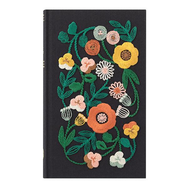 5年連用 日記 刺繍 花柄 黒 日付入 MD用紙 布クロス貼り表紙 カバー付