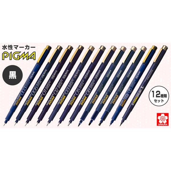 サクラクレパス ピグマ 黒 全12種類セット 003 005 01 02 03 05 08 1 2