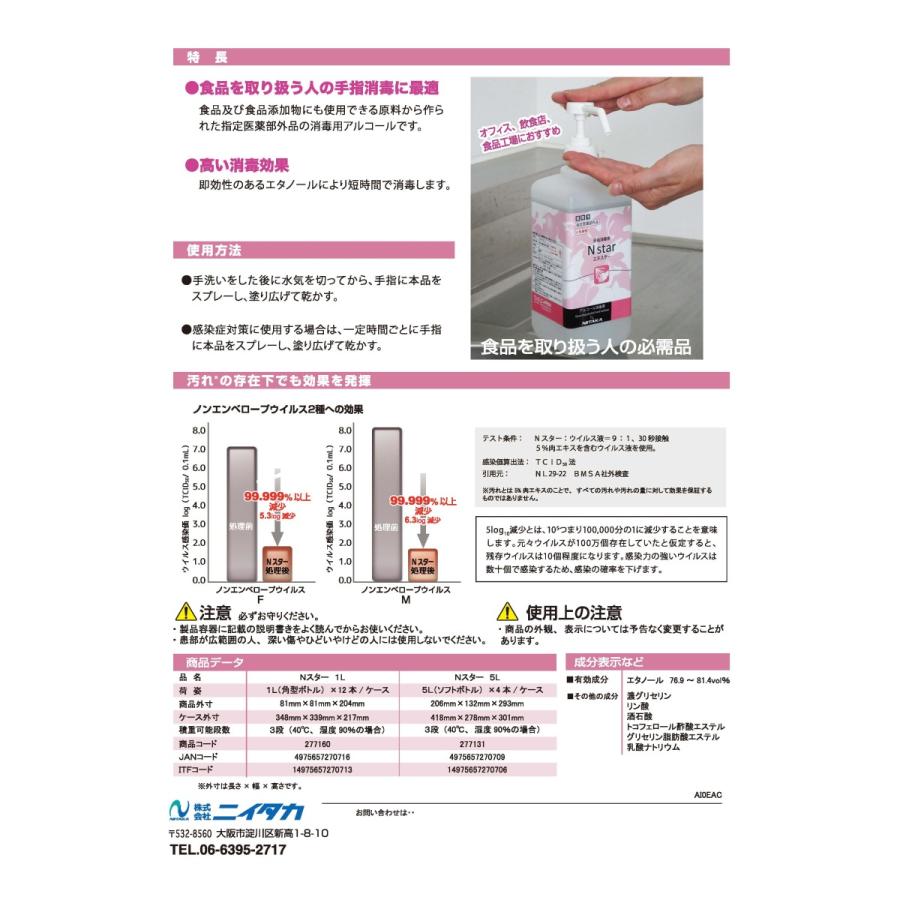 Nスター　5L　在庫あり　手指消毒剤　指定医薬部外品　エタノール濃度76.9〜81.4％　食品添加物原料　ノロウイルスにも有効　高濃度アルコール消毒液｜schoolmall｜03