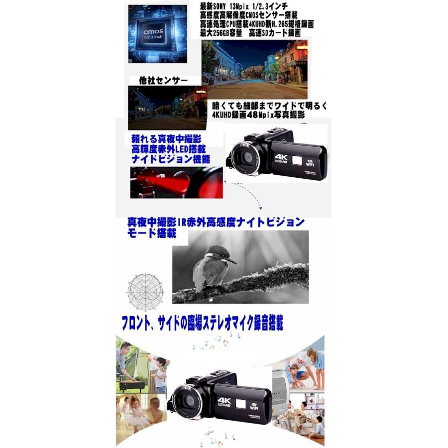 4Kデジタルビデオカメラ フルセット 最新 プロ 高画質 小型 軽量 タッチパネル液晶搭載 ナイトビジョンカメラ 業務用 広角マクロレンズ マイク 撮影ライト付|scs|08