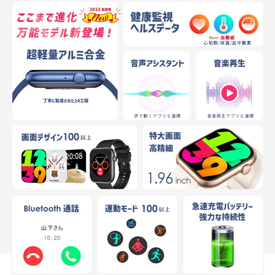 通話機能 スマートウォッチ 体温測定 血糖値 日本製センサー 歩数計 天気予報　1.96インチ大画面 レディース メンズ 着信通知  睡眠検測 壁紙自由 時計 父の日｜se-gou｜03