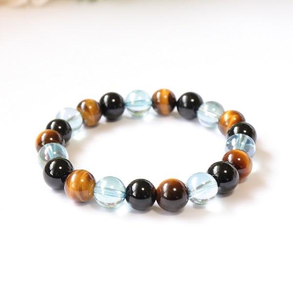 天然石メンズブレス オニキス タイガーアイ アクアオーラ ブラウン系 爽やかメンズアイテム br-078