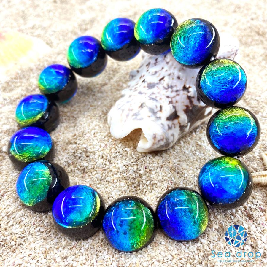 Sea drop ホタルガラス ケラママリン 16mm ビーズ ブレスレット 光る 