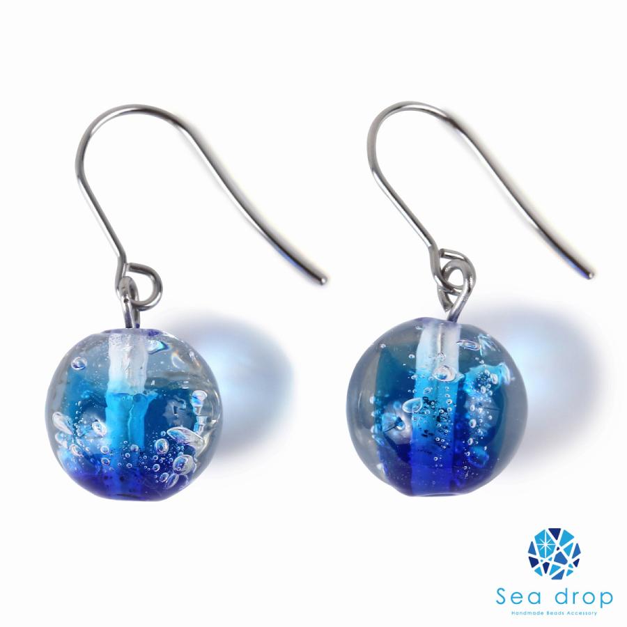 Sea drop とんぼ玉 ピアス クリアブルー 12mm玉 レディース チタン製