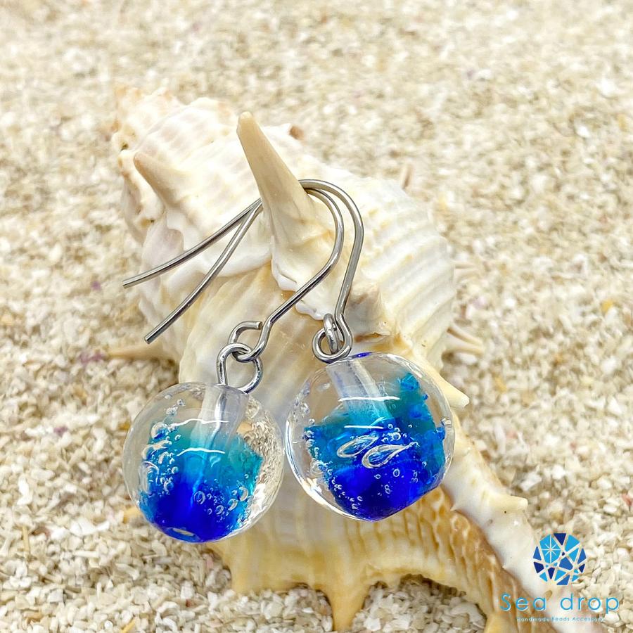 ピアス　No.4929 Sea drop とんぼ玉 ピアス クリアブルー 12mm玉 レディース チタン製