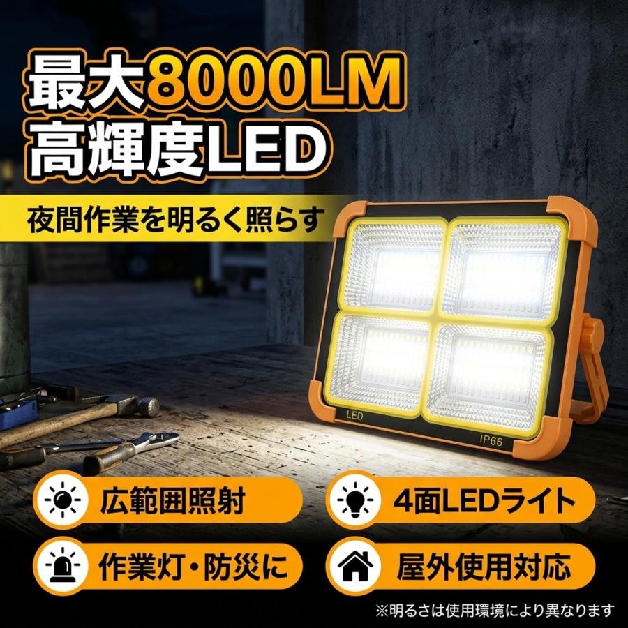 LED投光器 充電式 作業灯 ソーラー USB Type-C 200W 8000LM IP66 防水