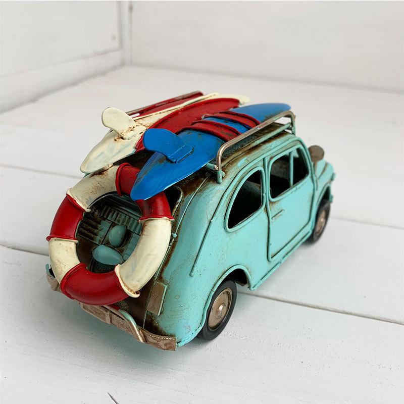 レトロフィアット風ブリキカー ヴィンテージカー アイアン製おもちゃの車 サーフボード付き サーフカー カリフォルニアインテリア 西海岸風 ブルー Se0494 Seashells Zakka 通販 Yahoo ショッピング