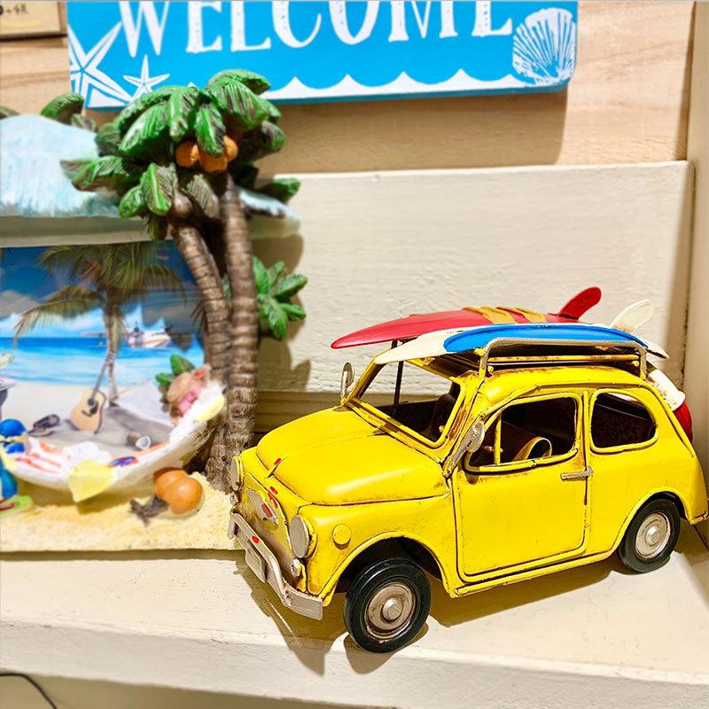 レトロフィアット風ブリキカー ヴィンテージカー アイアン製おもちゃの車 サーフボード付き サーフカー カリフォルニアインテリア 西海岸風 黄色 Se Seashells Zakka 通販 Yahoo ショッピング