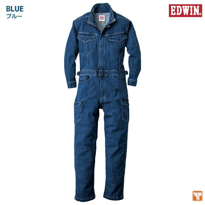 長袖デニムつなぎ服 EDWIN ストレッチ バイオウォッシュ加工 作業着