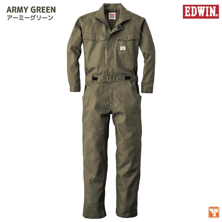 長袖デニムつなぎ服 EDWIN ストレッチ 帯電防止織物使用 シンプル