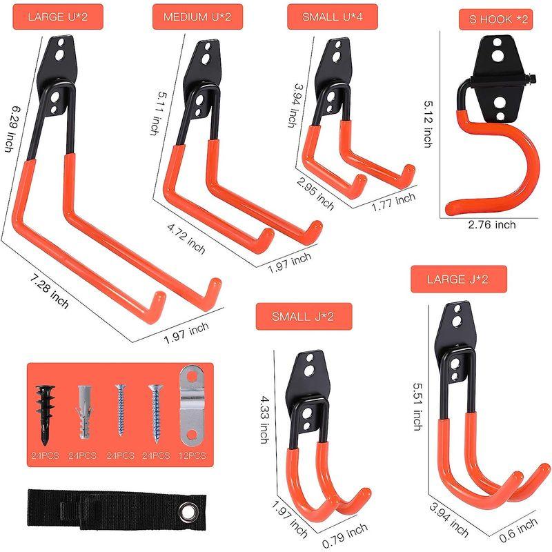 ガレージフック　壁取り付け　14個パック　オーガナイザー　ラック　高耐久　壁ハンガー　壁フック　ユー　ガレージ整理　ガーデンツール　スチール
