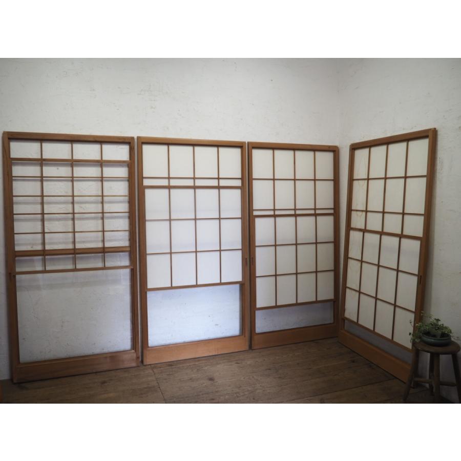 タb0212 4枚 シンプルなデザインのレトロな雪見障子戸 古建具引き戸ガラス戸和室内装古民家再生ビンテージm松 72 以上節約