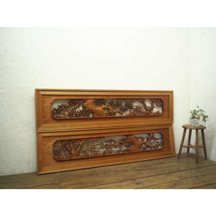 【アンティーク】木製 建具 欄間 らんま 2枚組 ガラス無し 彫刻 昭和レトロ タR0253◇【H42,7cm×W169,5cm】×2枚◇厚み5cm◇分厚い木彫り