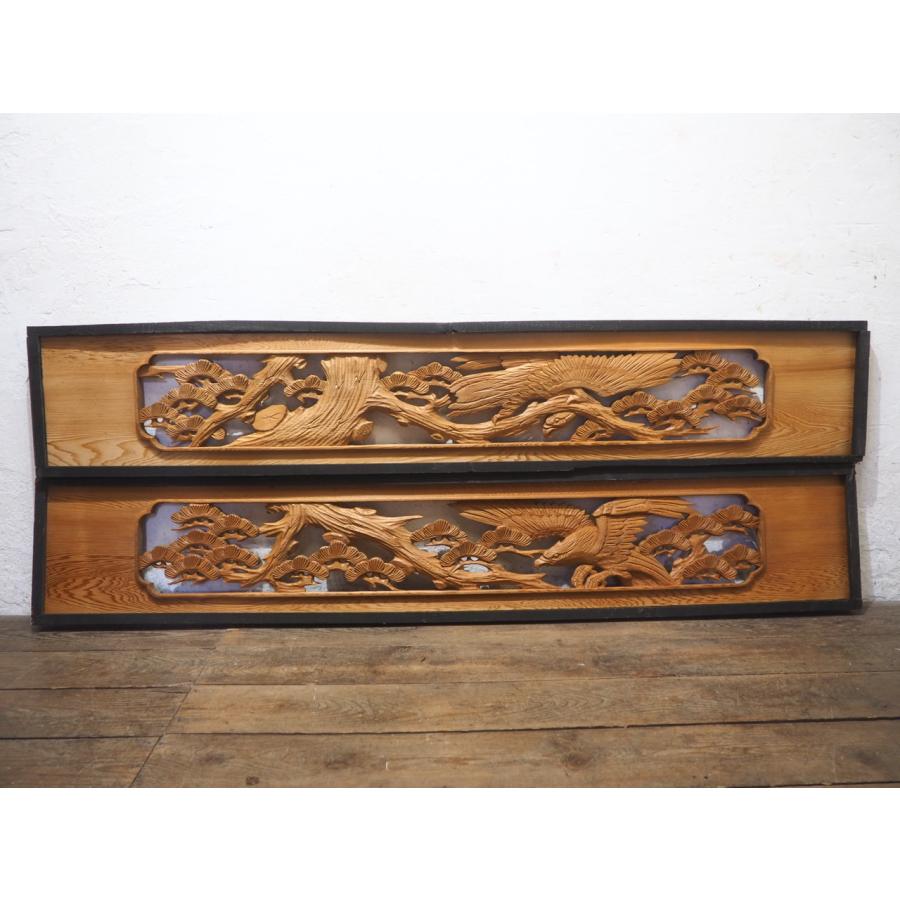 木製彫刻　自然デザイン　欄間２枚セット タV0093◇【H33cm×W185cm】×2枚◇アンティーク◇分厚い木彫りデザイン