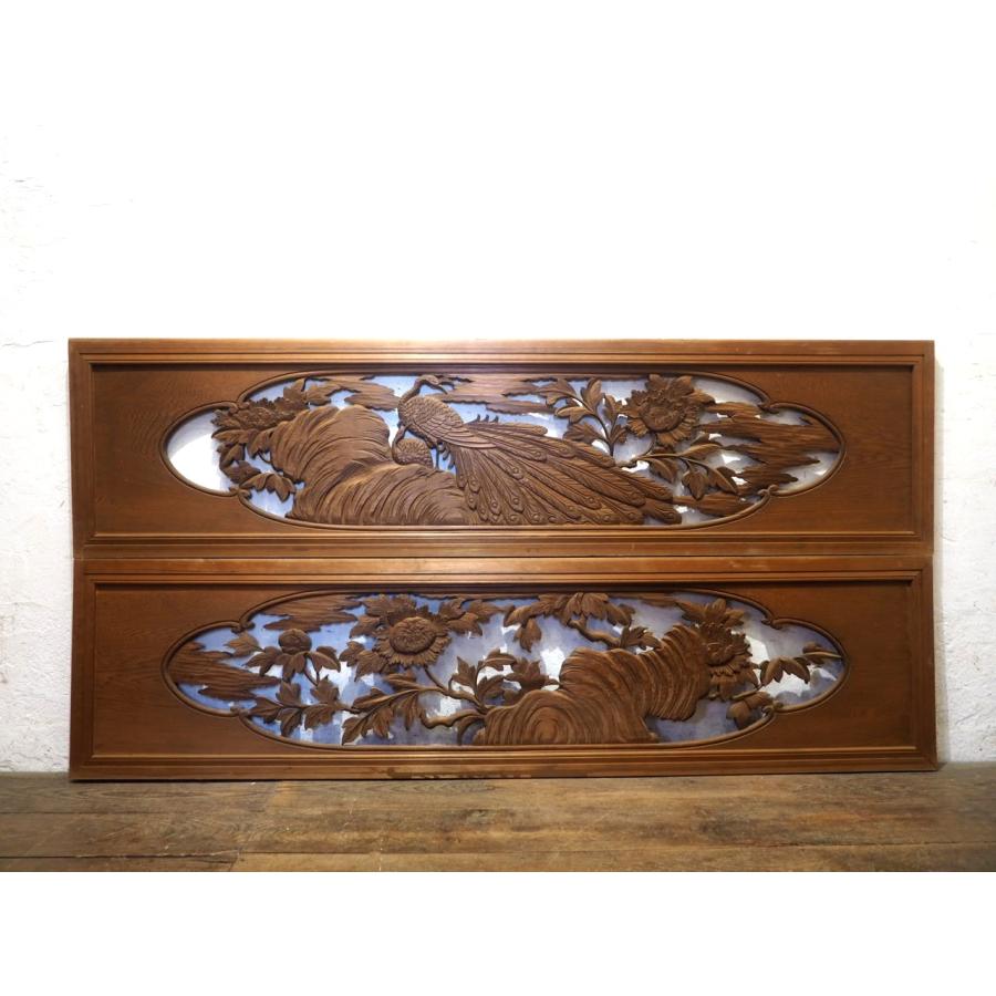 アンティーク　昭和レトロ　建具　障子　木製　葉と鳥の彫刻付き アンティーク 昭和レトロ 建具 障子 木製 葉と鳥の彫刻付き