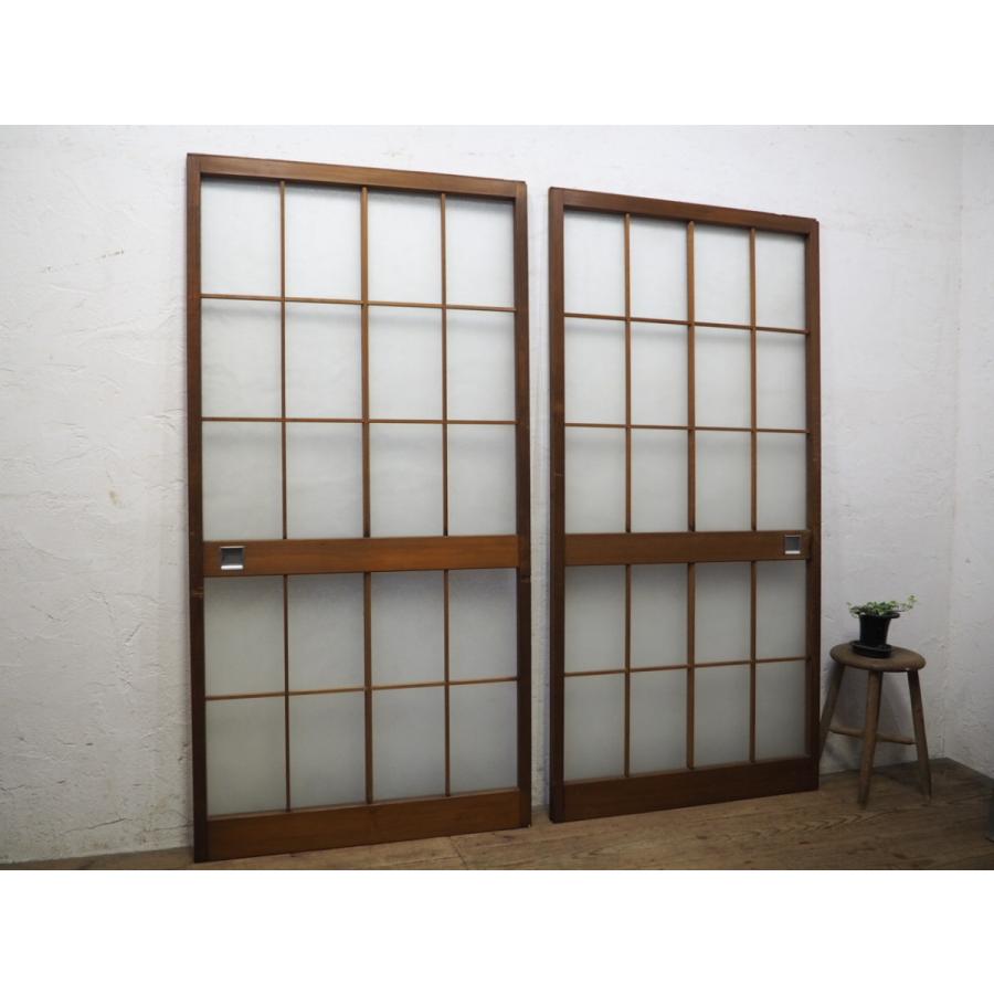 タW0119◆×2枚◆格子デザインのレトロな古い木枠ガラス戸◆建具 引き戸 サッシ 古民家 リフォーム アンティークL下