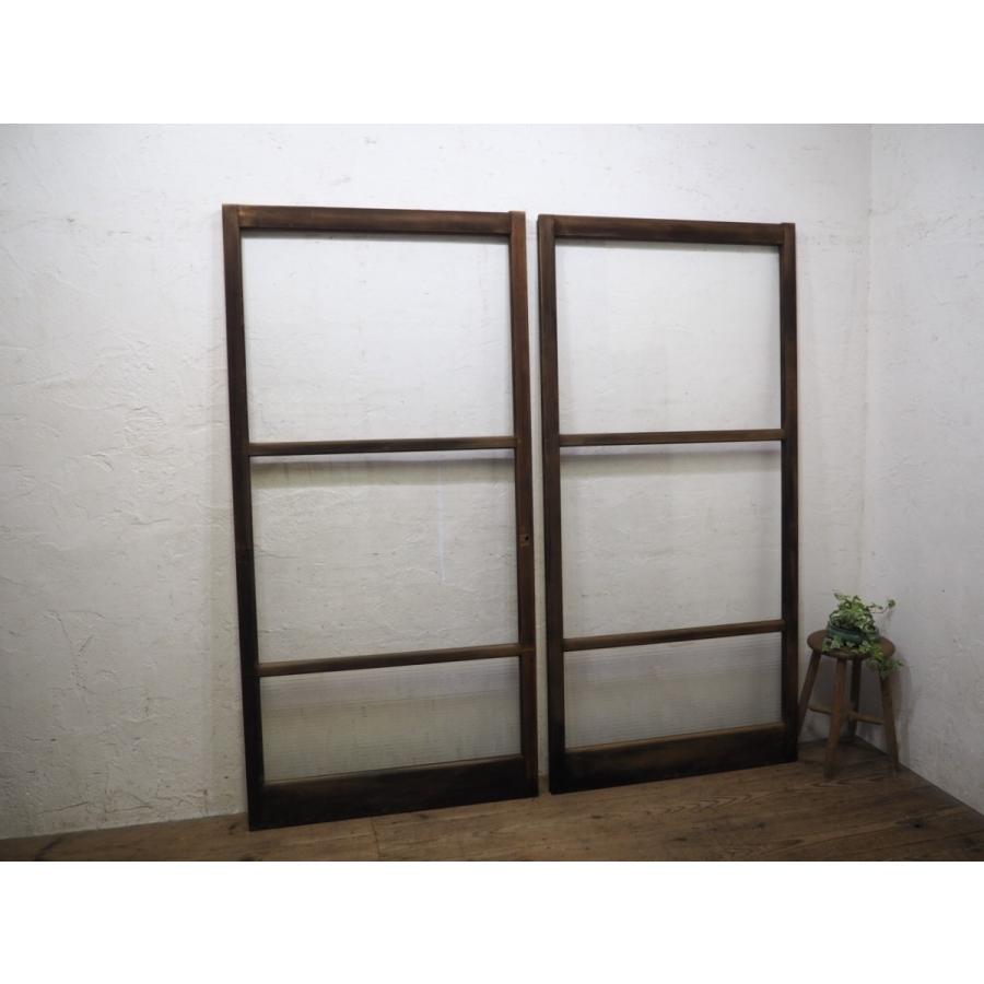 タX0732◆×2枚◆モールガラス入りの大きな古い木枠ガラス戸◆古建具 引き戸 サッシ 玄関戸 中古住宅 リフォームL下