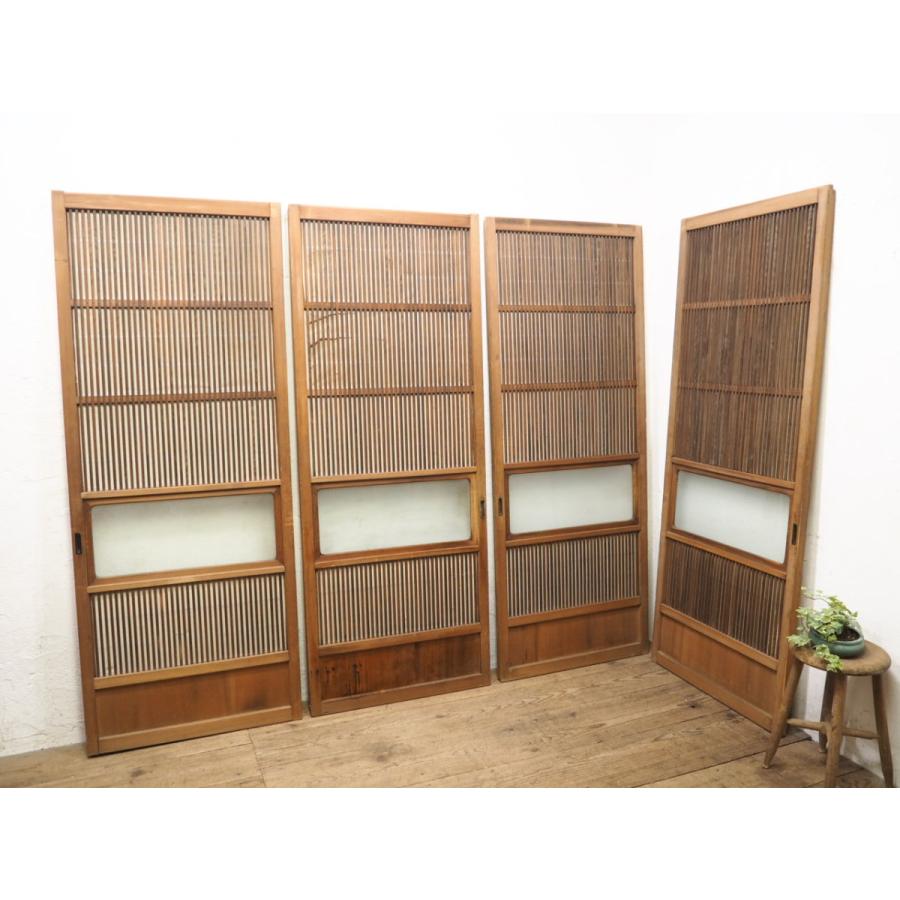 タy0551 H180cm W70cm 4枚 千本格子の大きな古い木製引き戸 古建具ガラス戸障子戸万本格子和室リフォームレトロm松 裏障子付き 内祝い