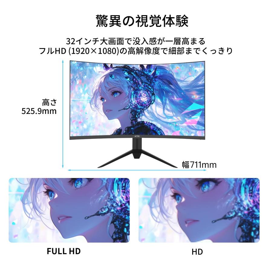 KTC 32インチ 湾曲ゲーミングモニター フルHD 1080p 165Hz 1ms MPRT