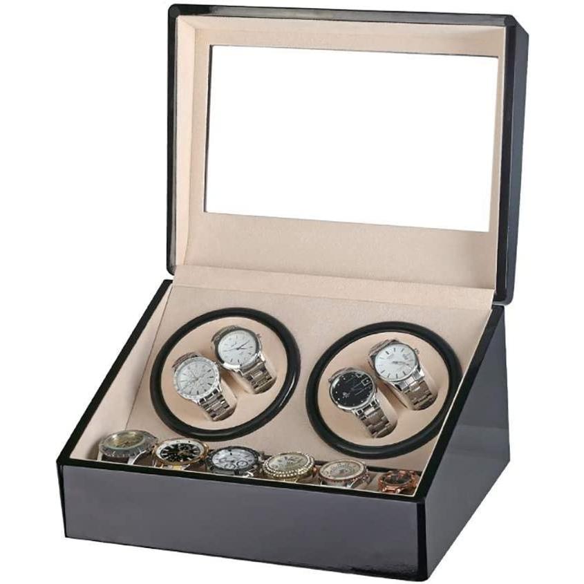 時計ワインダー4時計木製、時計ワインダー自動時計4時計ケース時計ボックスワインダーディスプレイストレージブラック FWEOOFN