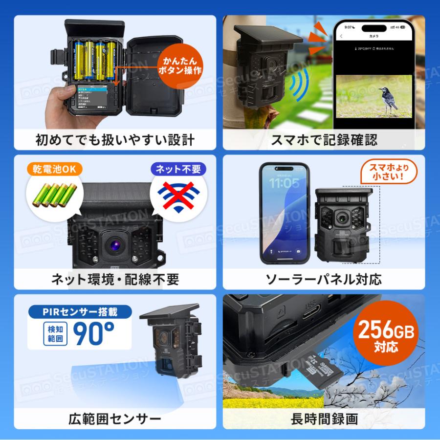 SecuSTATION 防犯カメラ トレイルカメラ ソーラーパネル一体型 microSD