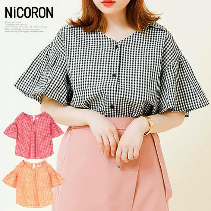 ブラウス レディース シャツ 半袖 フレア袖トップス フレア袖ブラウス ギンガムチェック Nicoron ニコロン 得トクセール Tシャツ セール Sale M1186a000 セドールjapan 通販 Yahoo ショッピング