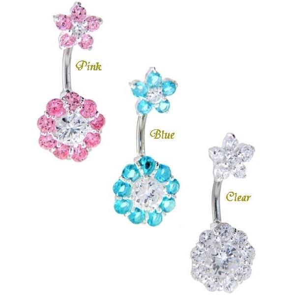 ビッグダブルフラワーキュービックジルコニア　ダブルジェム　へそピアス　（ピンク・ブルー・クリアー） | 