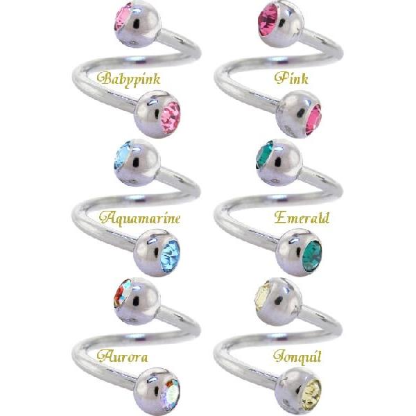 スワロフスキージェムスパイラルツイスターダブルジェムへそピアス　SWAROVSKI（ベビーピンク・ピンク・アクアマリン・エメラルド・オーロラ・キズイセン） |  | 01