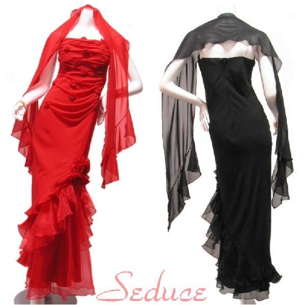 SALE ロングドレスフォーマルドレスフラワートリミングショールストール付裾フリルオーガンジーパーティードレスフクシアピンク | 