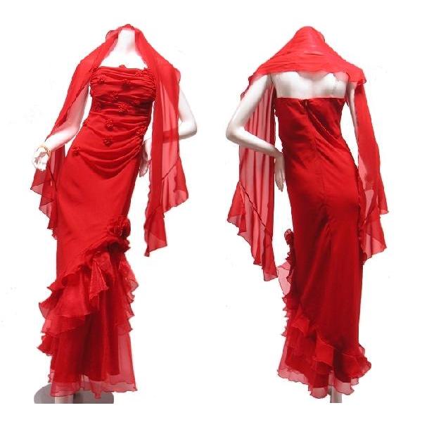 SALE ロングドレスフォーマルドレスフラワートリミングショールストール付裾フリルオーガンジーパーティードレスフクシアピンク |  | 01