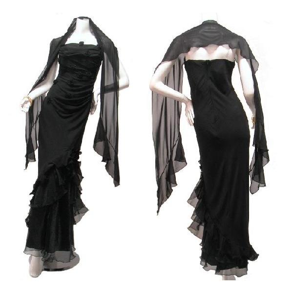 SALE ロングドレスフォーマルドレスフラワートリミングショールストール付裾フリルオーガンジーパーティードレスフクシアピンク |  | 04