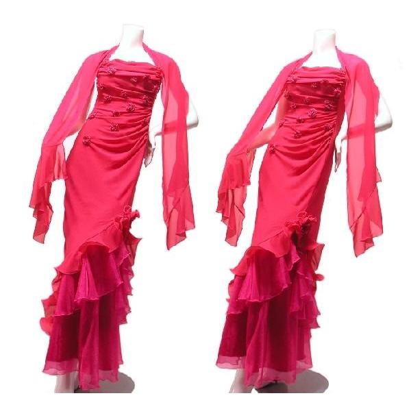 SALE ロングドレスフォーマルドレスフラワートリミングショールストール付裾フリルオーガンジーパーティードレスフクシアピンク |  | 05