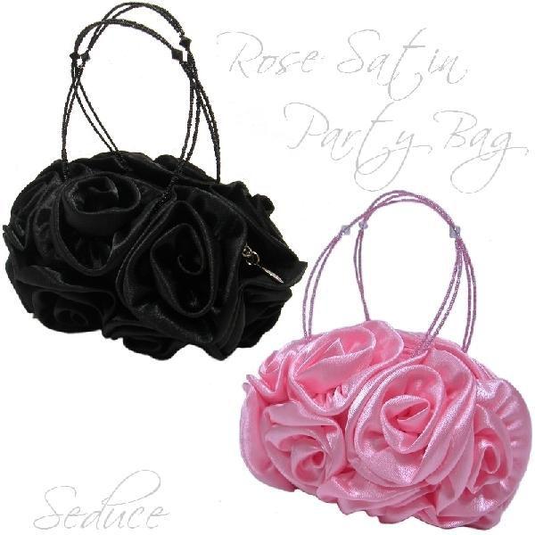 SALE パーティーバッグ　ローズサテンミニバッグ持ち手ビーズ  小　（ピンク・ブラック） | 