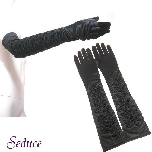 サテンロンググローブ肘上パーティードレスフォーマルドレスに ロング手袋シャーリングブラック黒Ｓｅｄｕｃｅ | 