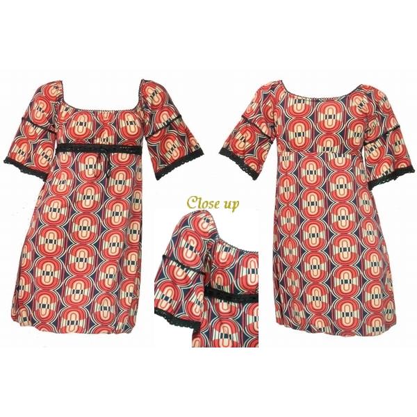 SALE ロングチュニックワンピースアラベスクレトロプリントバルーンクロシェリボンパイピング　（オレンジ・グリーン） |  | 01