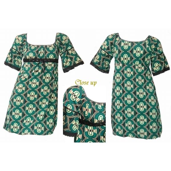 SALE ロングチュニックワンピースアラベスクレトロプリントバルーンクロシェリボンパイピング　（オレンジ・グリーン） |  | 02