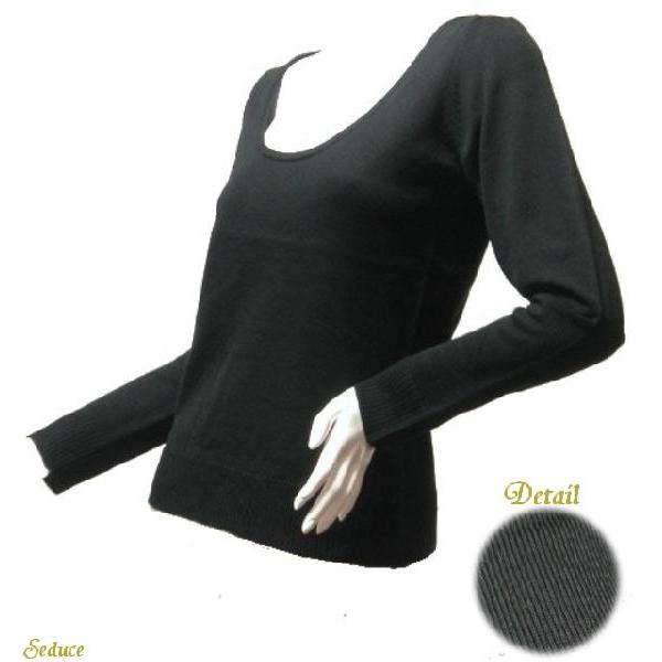 長袖ニット　深ラウンドネックセーターサマーセーターにも薄手ブラック長袖 | 