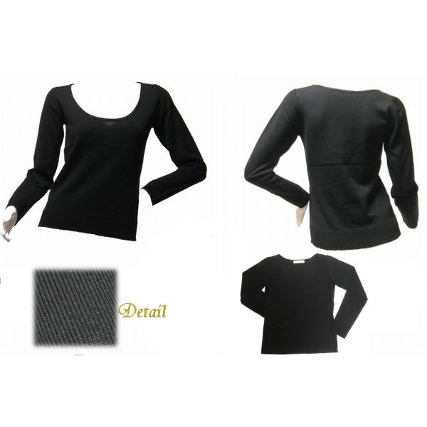 長袖ニット　深ラウンドネックセーターサマーセーターにも薄手ブラック長袖 |  | 01