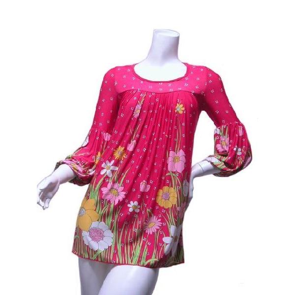 ロングチュニックワンピース　花柄プリントフラワー　フロントプリーツ　袖バルーン　五分袖　ＬＡ　ピンク・ブルー |  | 01