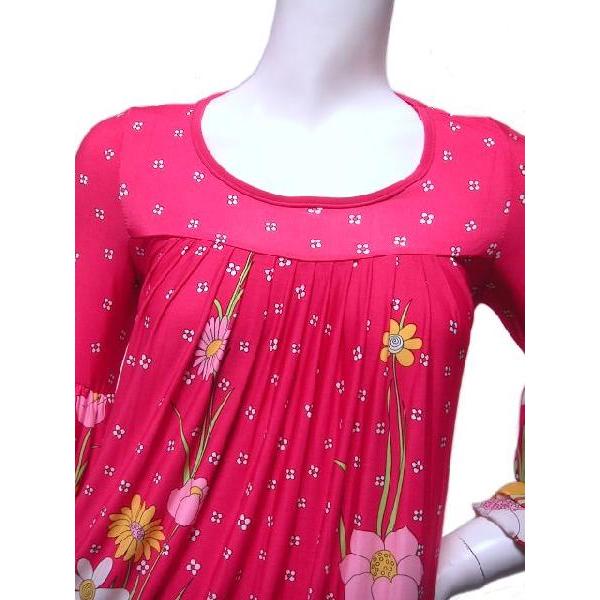 ロングチュニックワンピース　花柄プリントフラワー　フロントプリーツ　袖バルーン　五分袖　ＬＡ　ピンク・ブルー |  | 02